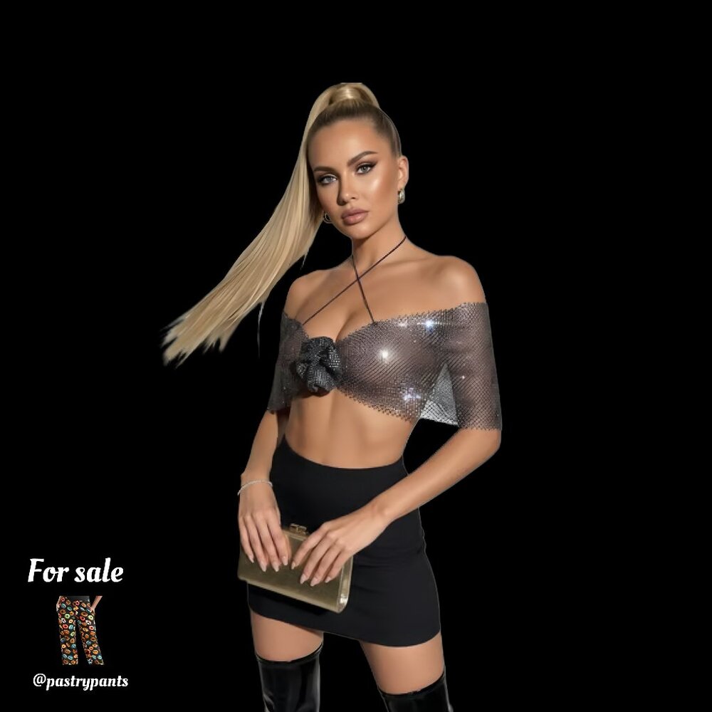 Rhinestone Chainmail Off-Shoulder Halter Top – Silver, Backless Festival